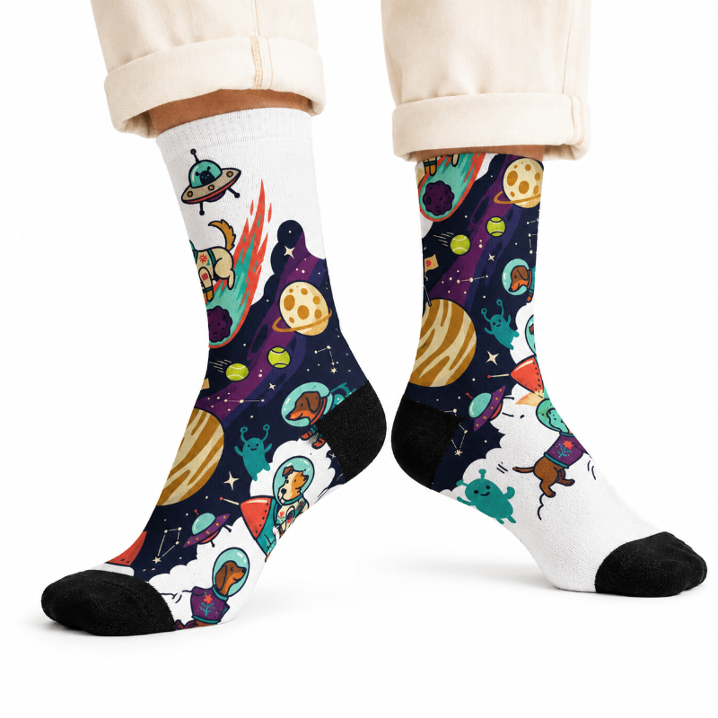 Colorful space-themed socks with planets and aliens on a white background
